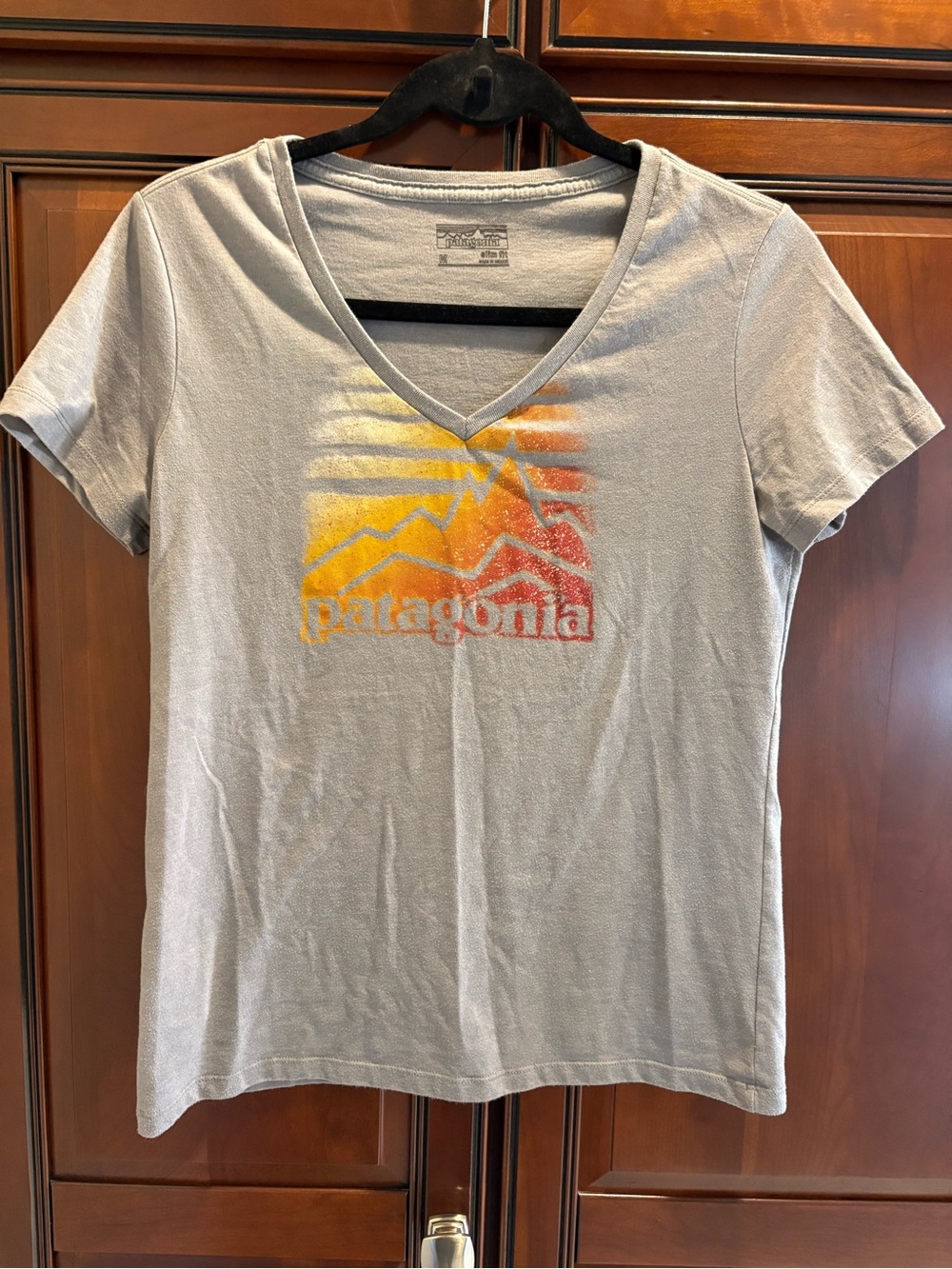Patagonia Light Gray Graphic V-Neck Crew Tee with Sunset Mountain Print - M